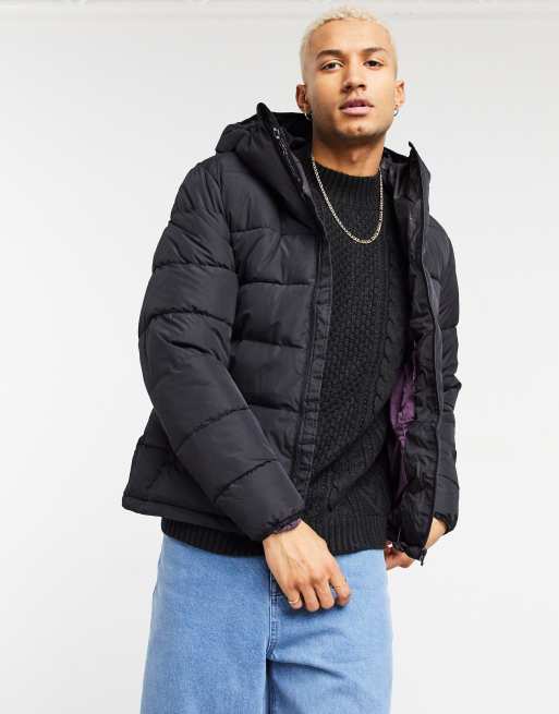 Pull&Bear padded puffer jacket with hood in black | ASOS