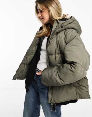 Pull&Bear padded puffer jacket with hood in khaki