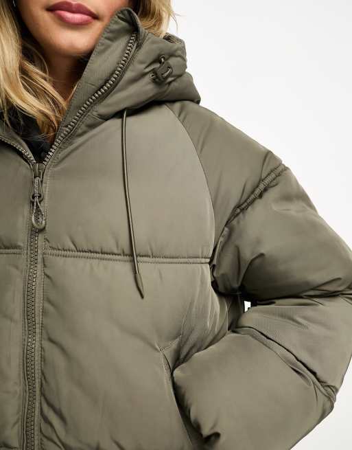Pull&Bear padded puffer jacket with hood in khaki ASOS
