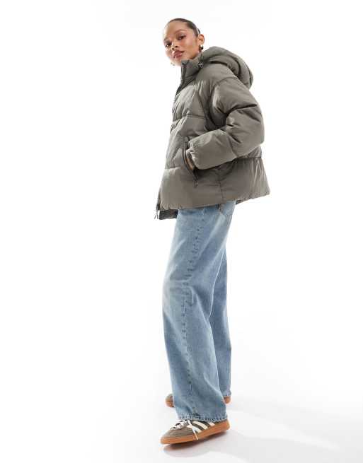 Pull&Bear padded puffer jacket with hood in taupe gray