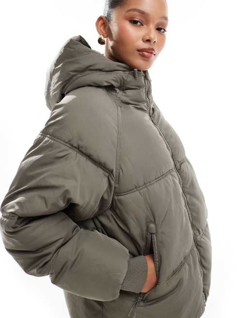 Pull&Bear padded puffer jacket with hood in taupe gray