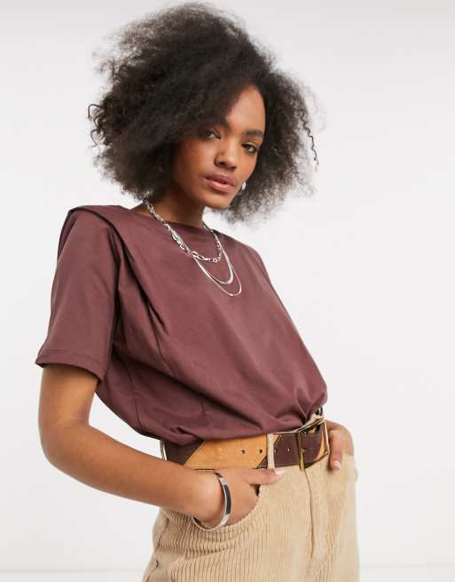 Pull Bear padded shoulder T shirt in brown ASOS