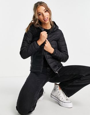 Pull&Bear padded zip front hooded jacket in black