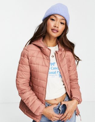 Pull&Bear padded zip front hooded jacket in pink