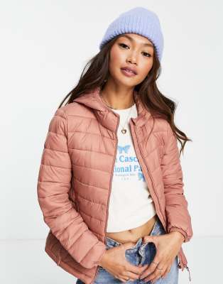 Pull&Bear padded zip front hooded jacket in pink