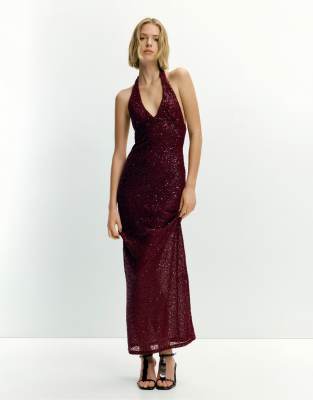 Pull & Bear - Pailletten-Midikleid in Kastanienbraun mit Neckholder-Rot