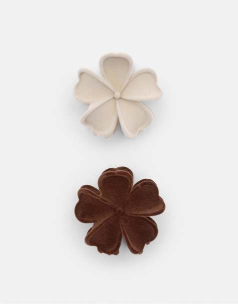 Pull&Bear - Pakke med 2 brune hårklemmer med blomsterform i velouriseret materiale - view 1