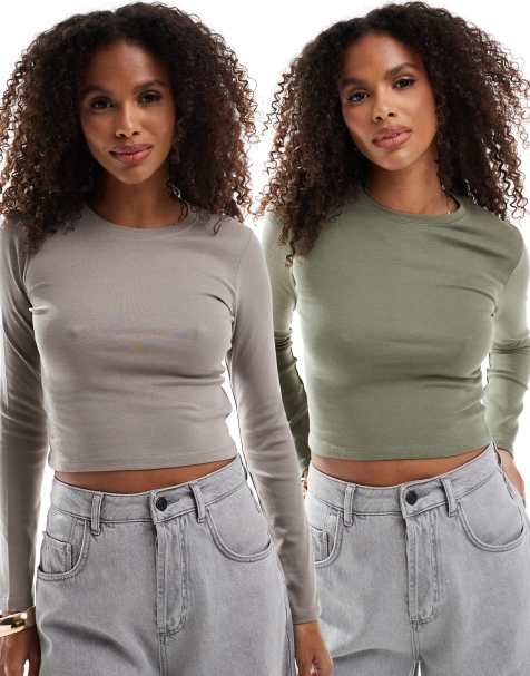 Pull&Bear - Pakke med 2 langærmede t-shirts i brun og khaki - view 1