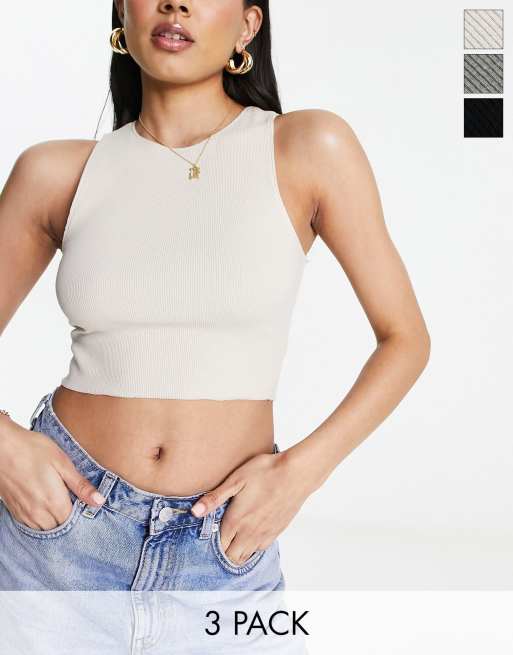 Pull&Bear - Pakke med 3 ribstrikkede croptoppe med racerhals i ecrufarve/kakigrøn/sort
