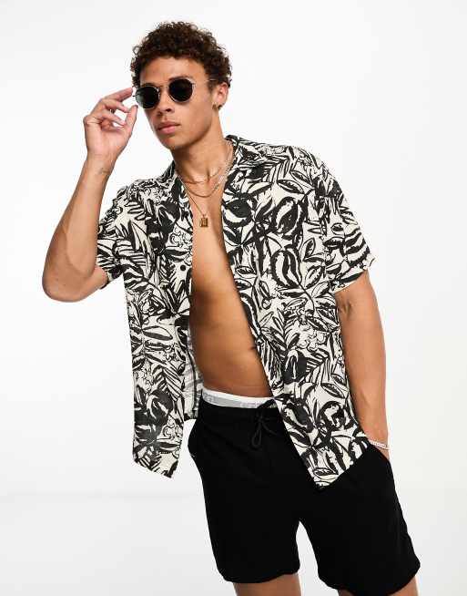 Pull&Bear palm print shirt in black | ASOS