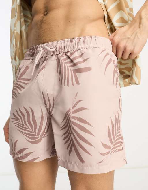 Pull&Bear palm printed swim shorts in brown 