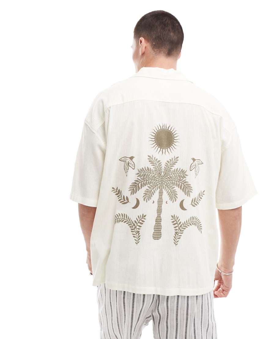 Pull & Bear Palm Tree Embroidered Shirt In White