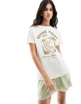 Pull & Bear Palm Tree Graphic Oversized Tee In Off White