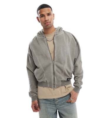 paneled back printed hoodie in washed gray