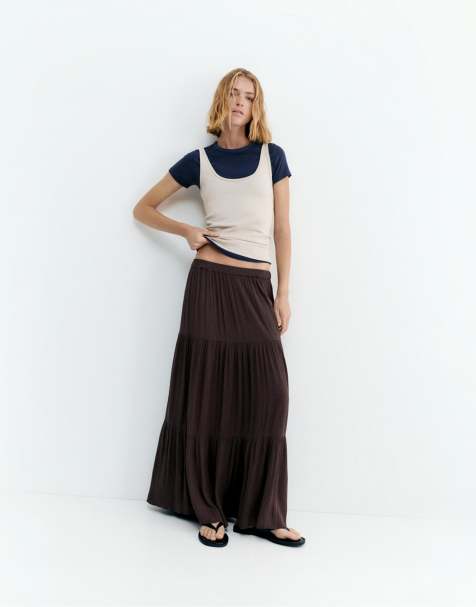 Pull&Bear Paneled midi skirt in brown
