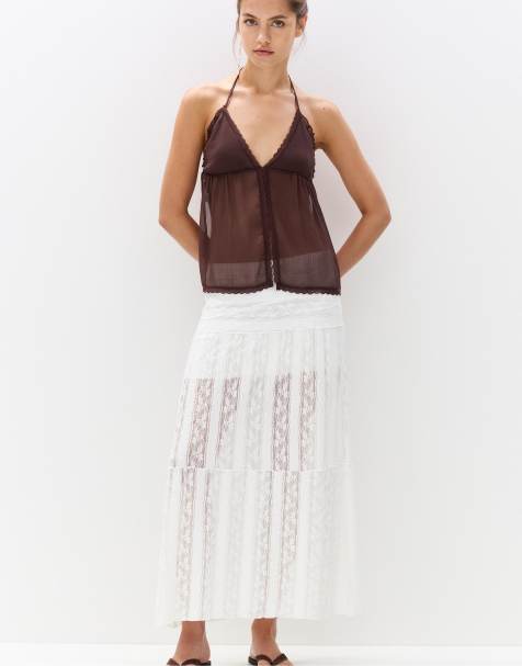 Pull&Bear Paneled midi skirt in white