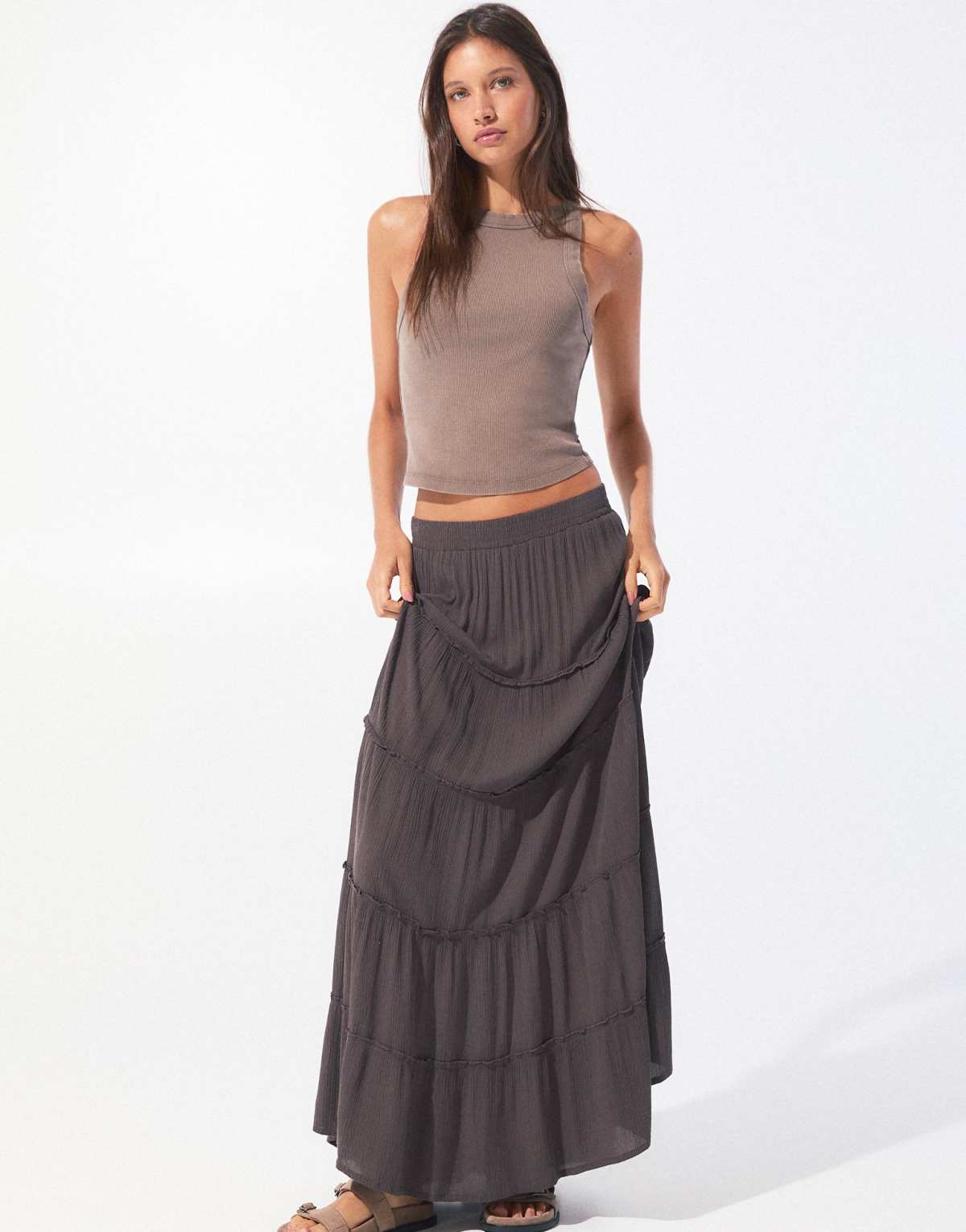 Pull&Bear panelled midi skirt in brown