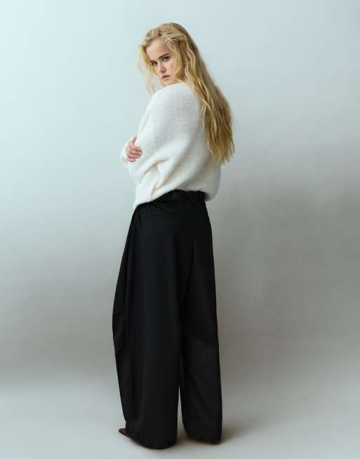 Pull&Bear pantalon barrel taille haute avec plis et ceinture noir, 4 de 7