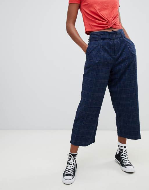 Pull Bear Pantalon court et large taille haute Carreaux bleus