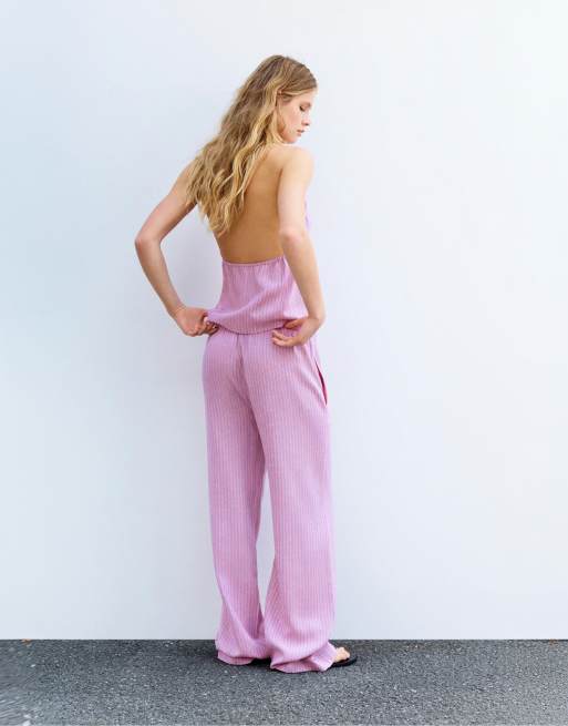 Pull&Bear - Pantalon de pyjama en lin mélangé rayé - Rose, 3 de 4