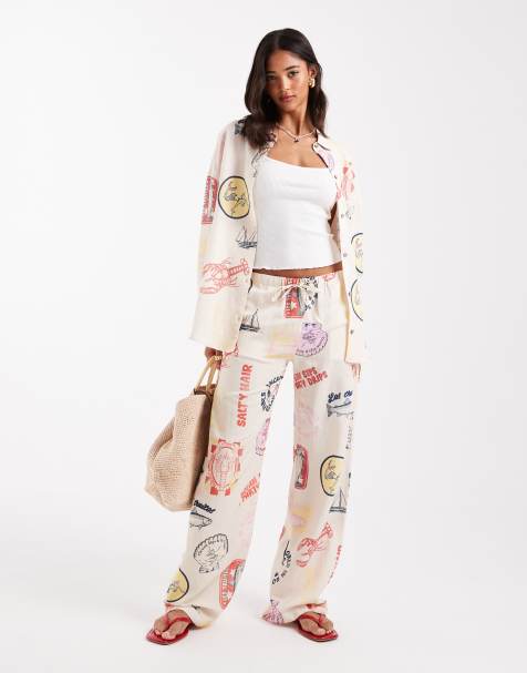 Pull&Bear - Pantalon d'ensemble à imprimé estival - Écru - view 1