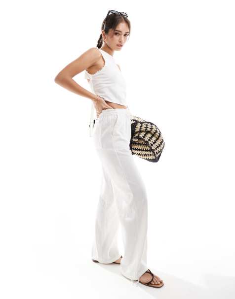 Pull&Bear - Pantalon d'ensemble en lin avec bords effilochés à la taille - Blanc - view 1