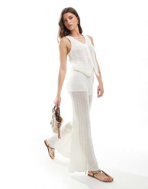 Pull&Bear - Pantalon d'ensemble en maille crochetée - Blanc - view 1