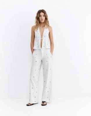 Pull & Bear - Pantalon droit à aillets - Blanc 32