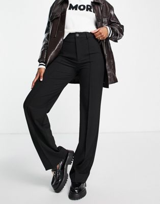 Pull&Bear - Pantalon droit ajusté à taille haute avec coutures sur le devant - Noir