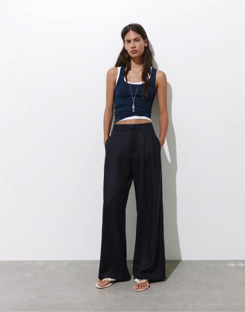 Pull&Bear - Pantalon en lin à pinces - Bleu marine - view 1