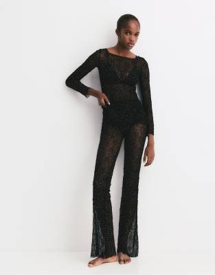 Pull & Bear - Pantalon évasé en dentelle à strass - Noir