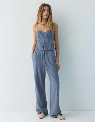 Pull & Bear - Pantalon fluide en lin et viscose mélangés - Bleu M