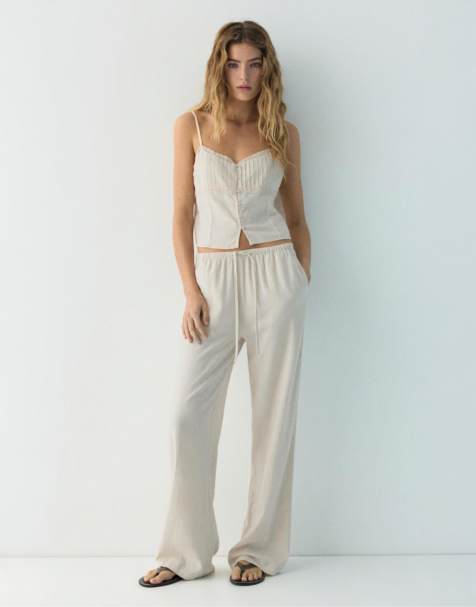 Pull&Bear - Pantalon fluide en lin et viscose mélangés - Sable - view 1
