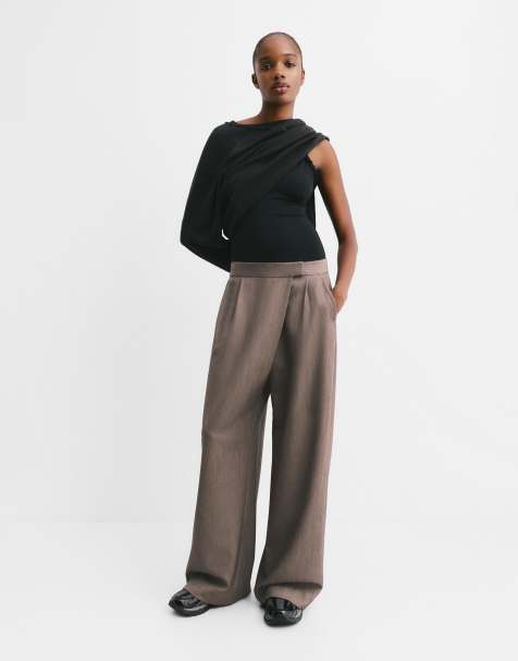 Pull&Bear - Pantalon habillé à taille croisée - Marron taupe - view 1