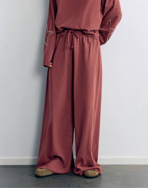 Pull&Bear pantalon large à étoiles bordeaux, 2 de 7