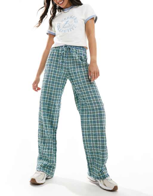Pull&Bear - Pantalon large avec cordon de serrage à la taille - Vert à carreaux