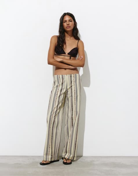 Pull&Bear - Pantalon large avec rayures à sequins - Marron - view 1