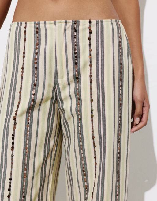 Pull&Bear - Pantalon large avec rayures à sequins - Marron, 3 de 4