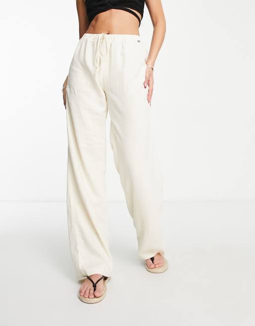 Pull Bear Pantalon large en lin Blanc