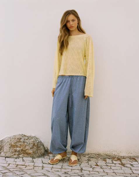 Pull&Bear pantalon sarouel à carreaux bleu moyen - view 1