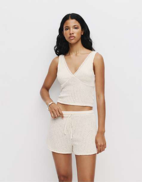 Pull&Bear - Pantaloncini beige in maglia traforata - view 1