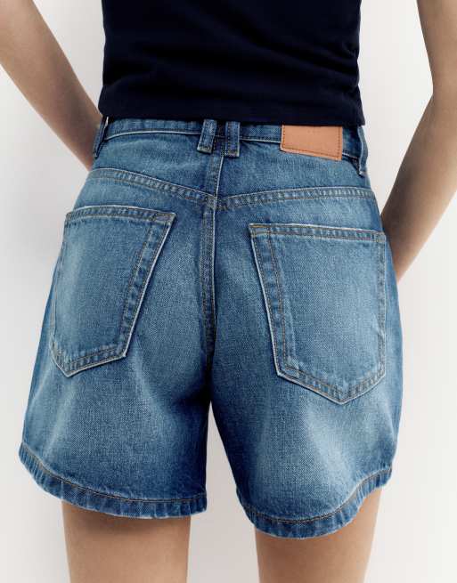 Pull&Bear - Pantaloncini bermuda a vita medio alta in denim blu scuro, 3 di 4