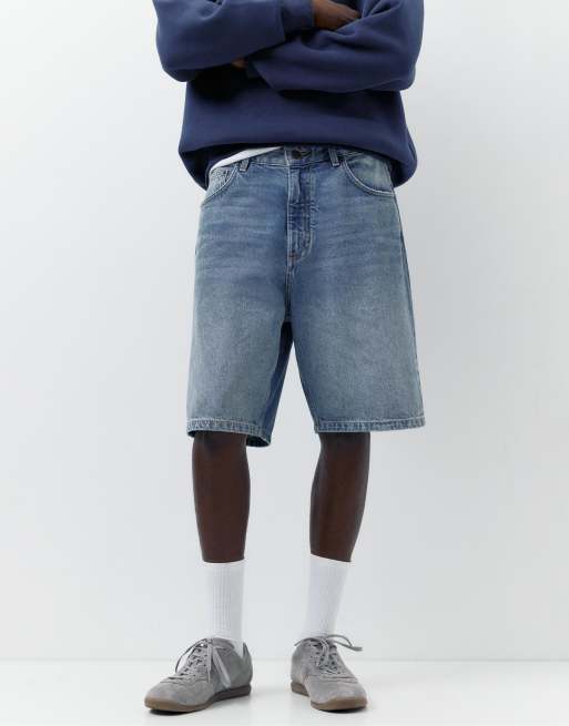 Pull&Bear - Pantaloncini bermuda ampi in denim blu medio, 4 di 4