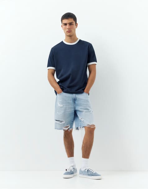 Pull&Bear - Pantaloncini bermuda dritti in denim indaco pallido - view 1