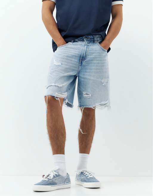 Pull&Bear - Pantaloncini bermuda dritti in denim indaco pallido, 4 di 4