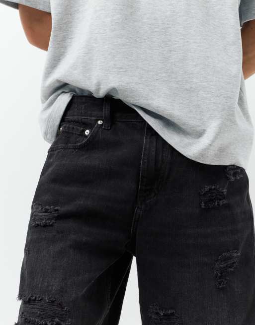 Pull&Bear - Pantaloncini bermuda dritti in denim nero sbiadito, 2 di 4