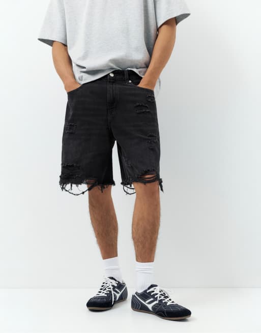 Pull&Bear - Pantaloncini bermuda dritti in denim nero sbiadito, 4 di 4