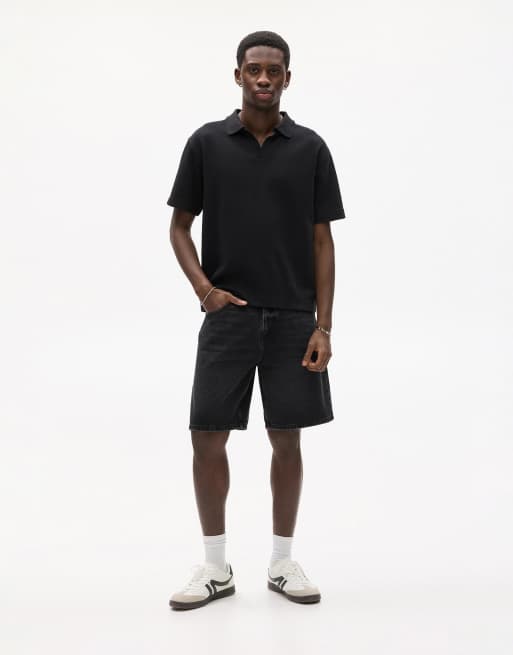 Pull&Bear - Pantaloncini bermuda in denim nero sbiadito vestibilità standard, 3 di 4