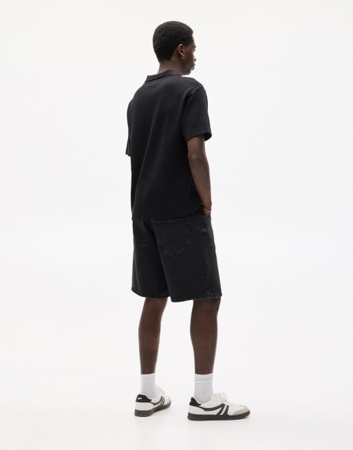 Pull&Bear - Pantaloncini bermuda in denim nero sbiadito vestibilità standard, 4 di 4