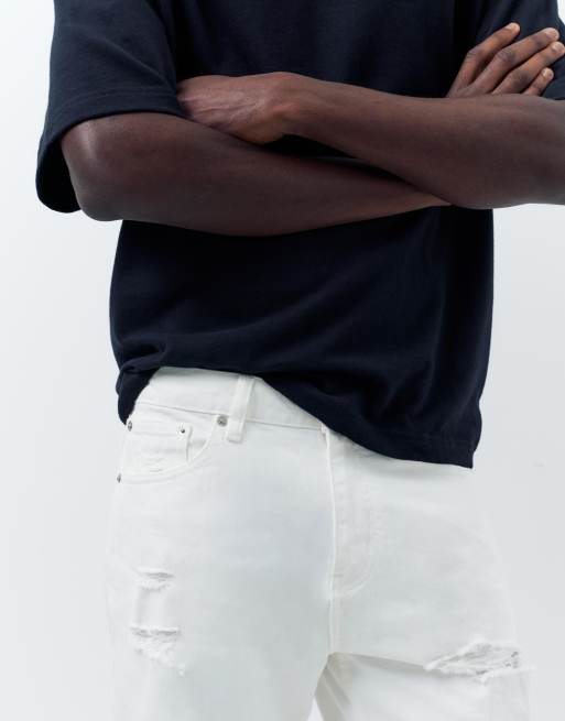 Pull&Bear - Pantaloncini bermuda in denim strappati bianco sporco, 3 di 4
